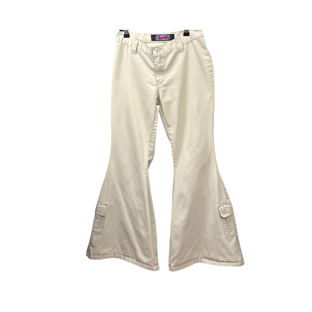 90s Liquid X Cargo Flare Pants Y2K Cybercore Utility Streetwear Khaki Cream 7